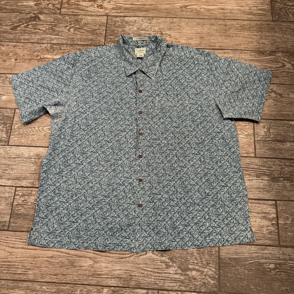 L.L. Bean Button Shirt Short Sleeve Men's XXL Traditional Fit Green Outdoor READ